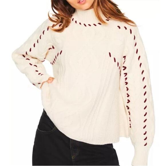BA&SH Eba Cable Knit Mock Neck Wool Pullover Sweater Small Cream Maroon - Picture 1 of 14